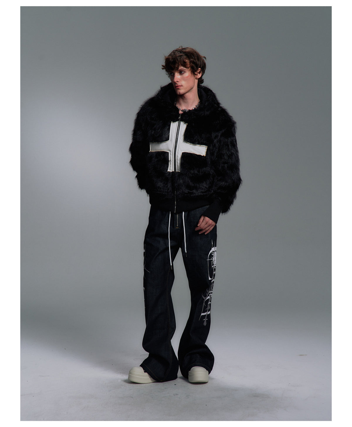 Cross Applique Studded Hood Reversible Faux Fur Jacket