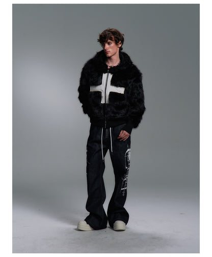 Cross Applique Studded Hood Reversible Faux Fur Jacket