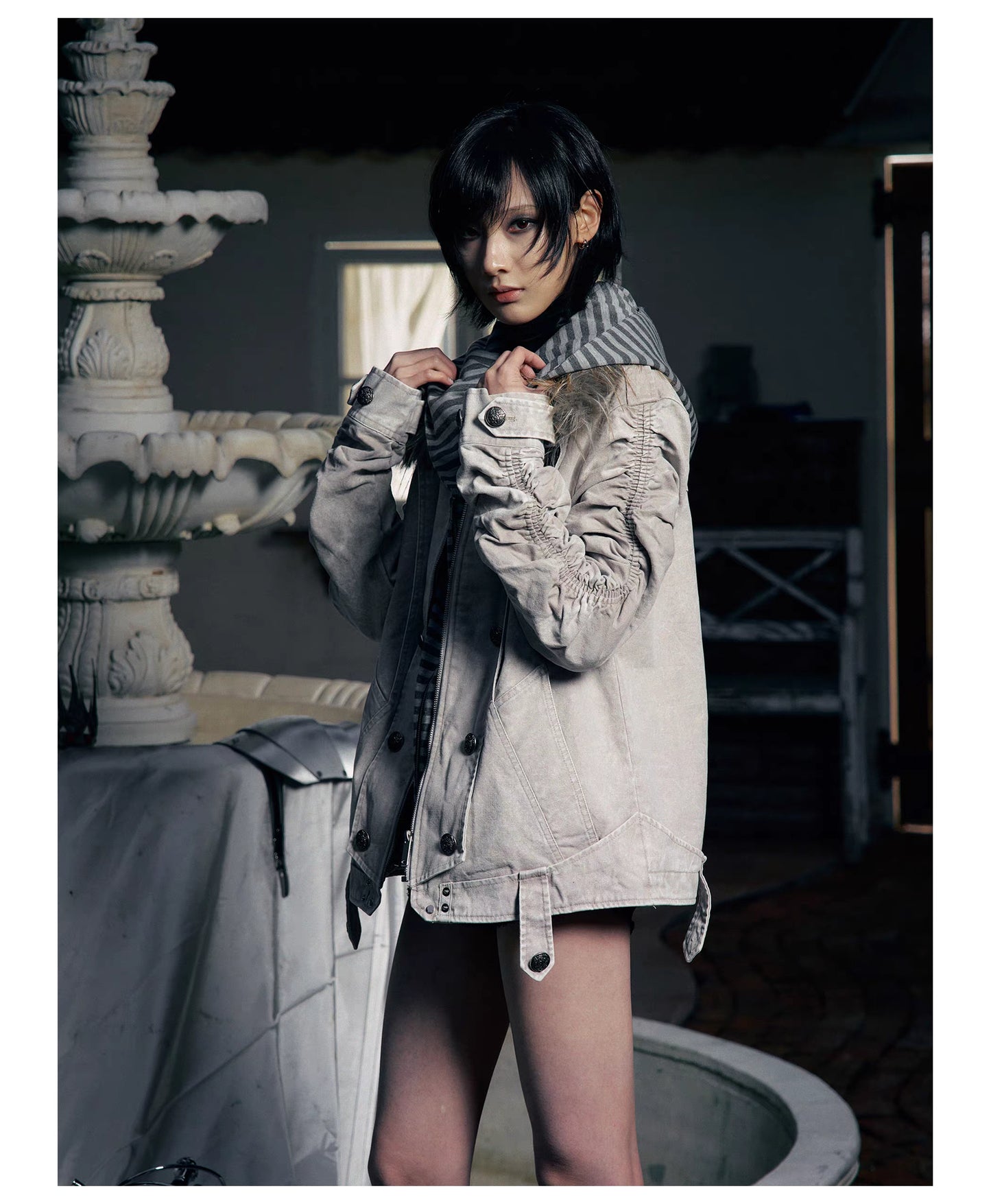 Striped Detachable Hood Double Breasted Fur Texture Jacket