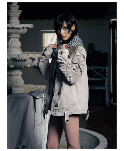 Striped Detachable Hood Double Breasted Fur Texture Jacket