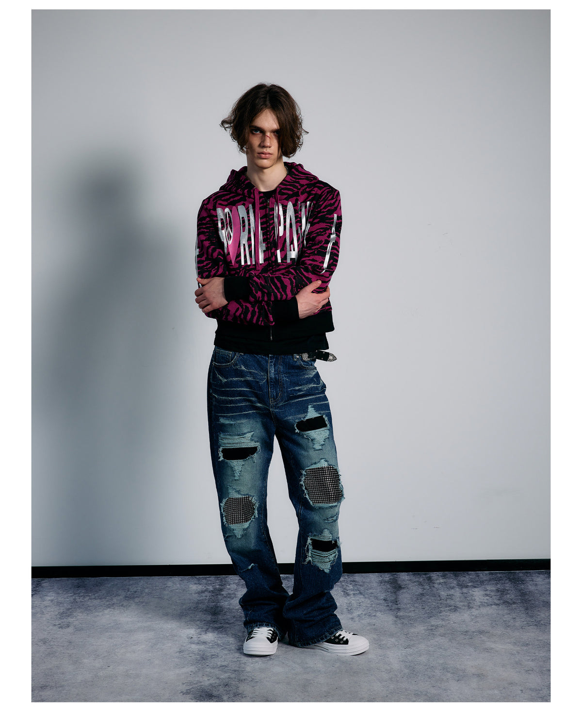 Pink Tiger Stripe Graphic Cropped Zip Hoodie