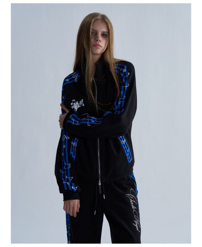 Blue Stripe Music Note Embroidered Zip Hoodie & Wide Pants