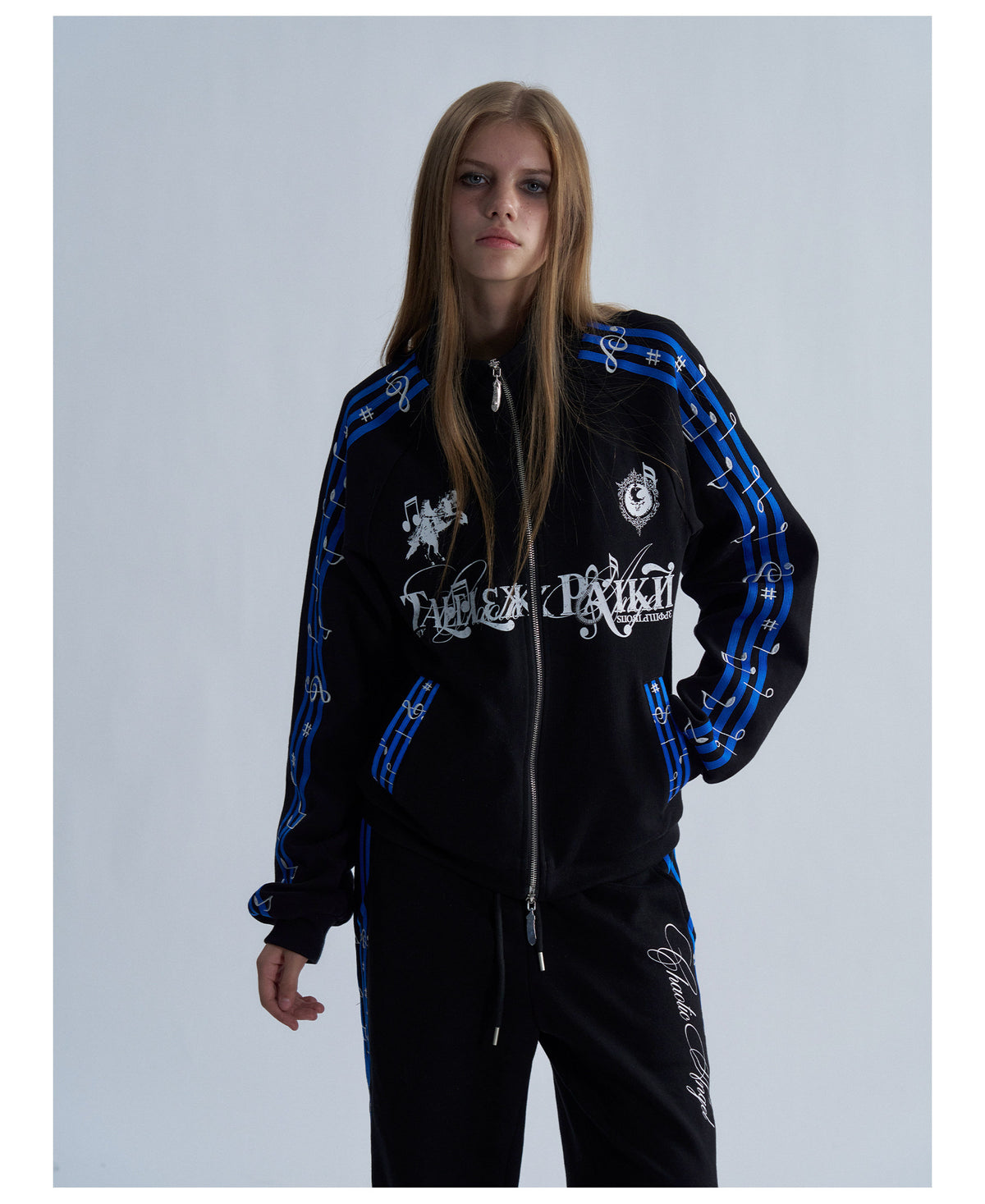 Blue Stripe Music Note Embroidered Zip Hoodie & Wide Pants