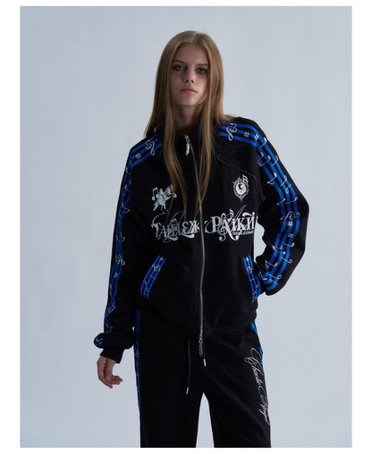 Blue Stripe Music Note Embroidered Zip Hoodie & Wide Pants