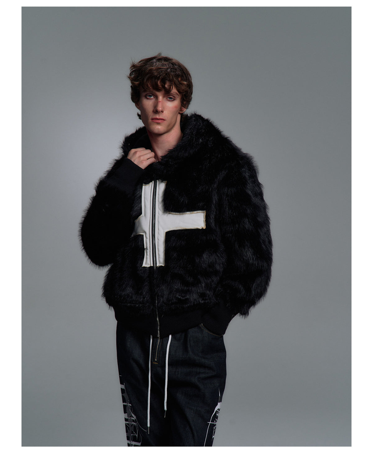 Cross Applique Studded Hood Reversible Faux Fur Jacket