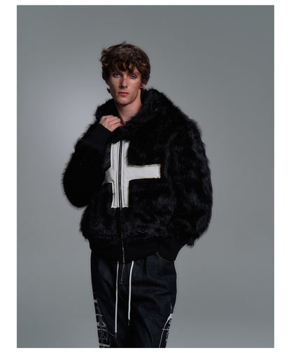 Cross Applique Studded Hood Reversible Faux Fur Jacket