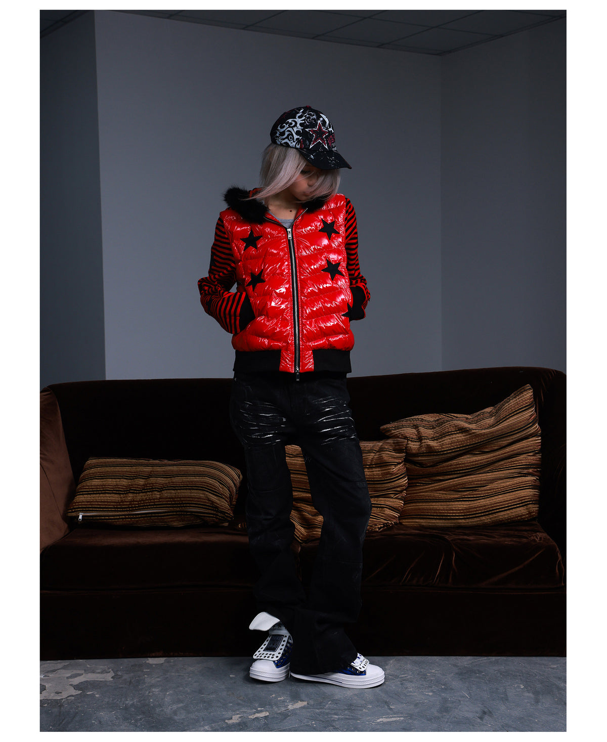 Star Embroidered Striped Fur Trim Hood Padded Jacket