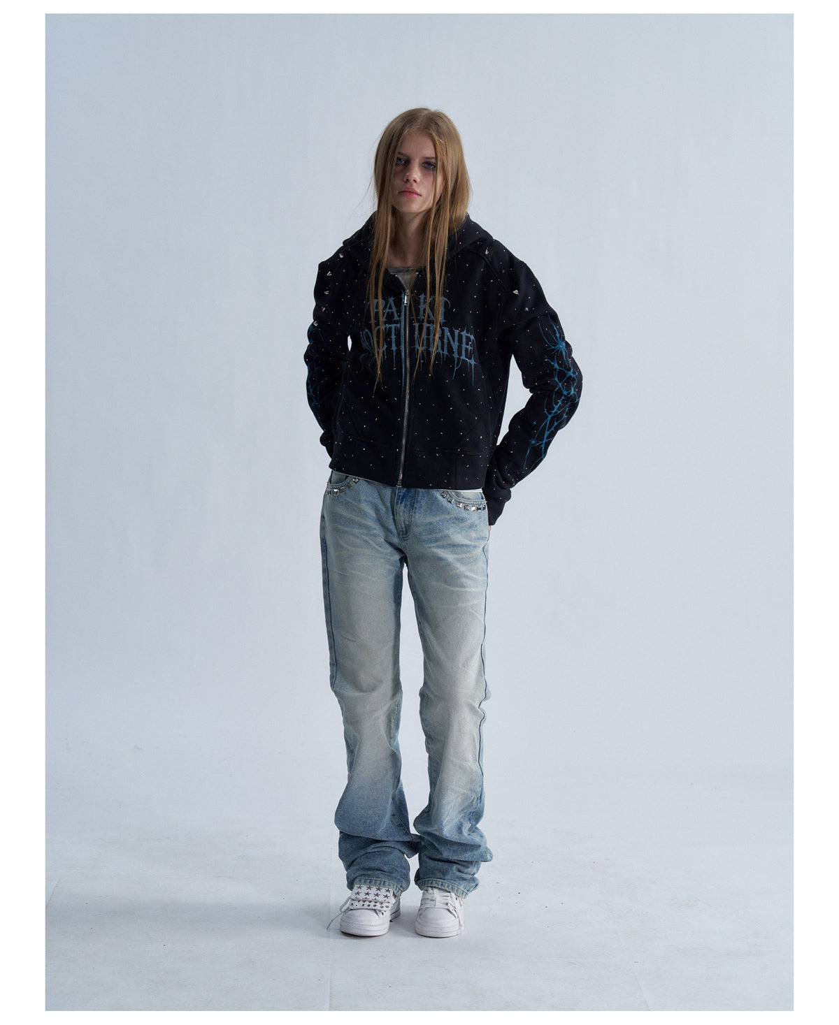 Rhinestone Graphic Cropped Zip Hoodie