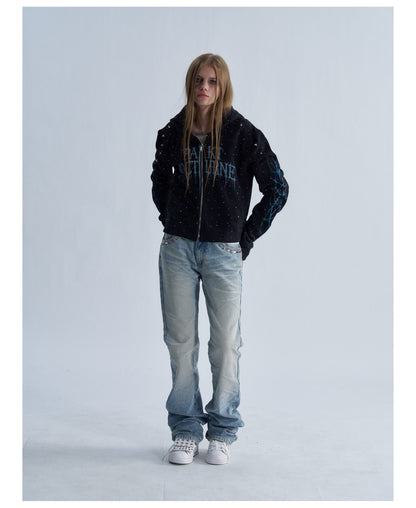 Rhinestone Graphic Cropped Zip Hoodie