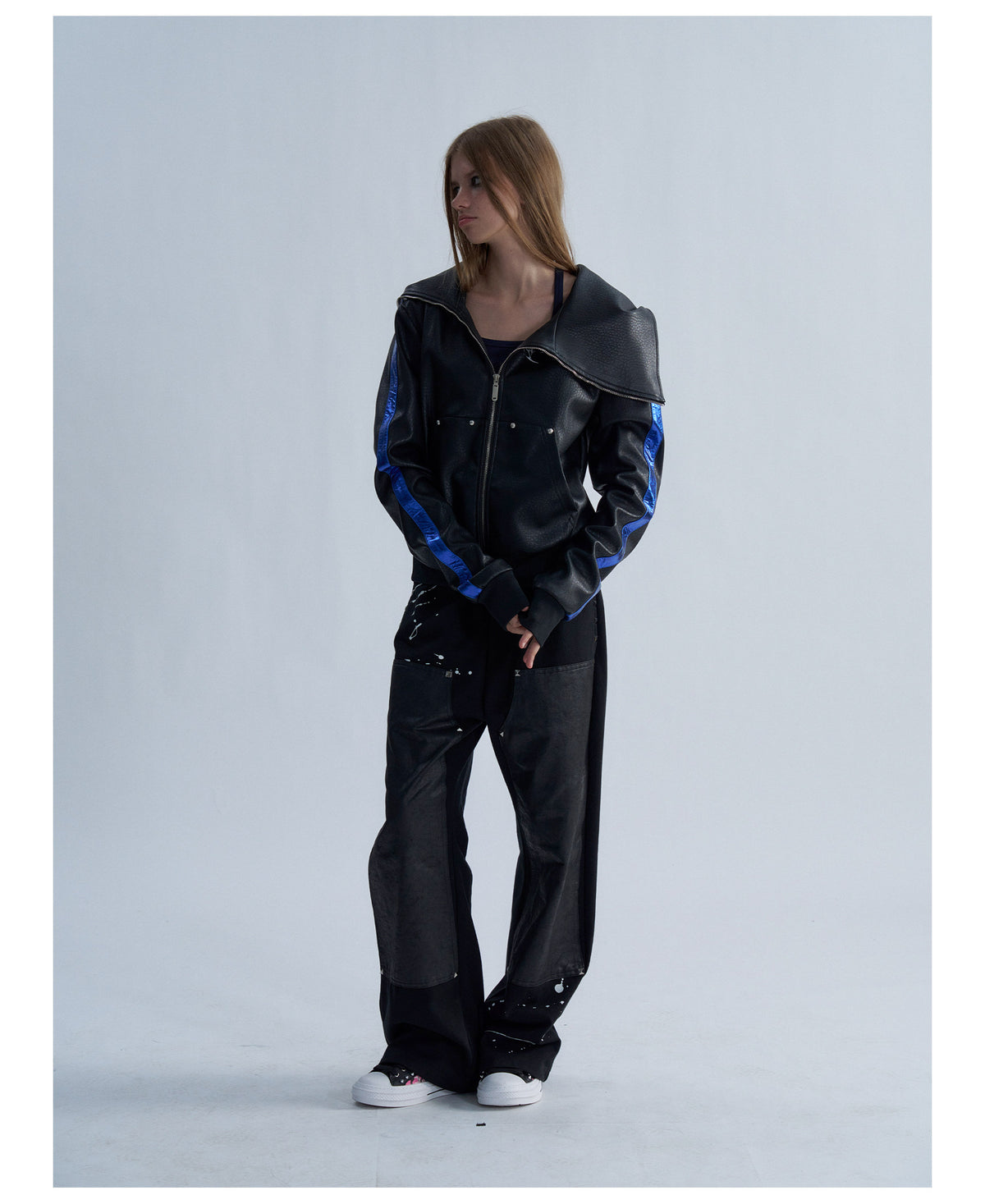 Embroidered Contrast Stripe Hooded Faux Leather Jacket