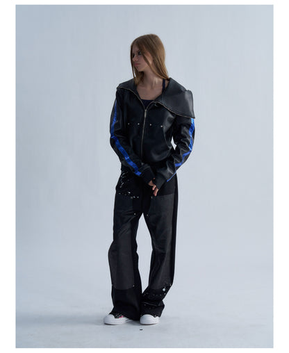 Embroidered Contrast Stripe Hooded Faux Leather Jacket