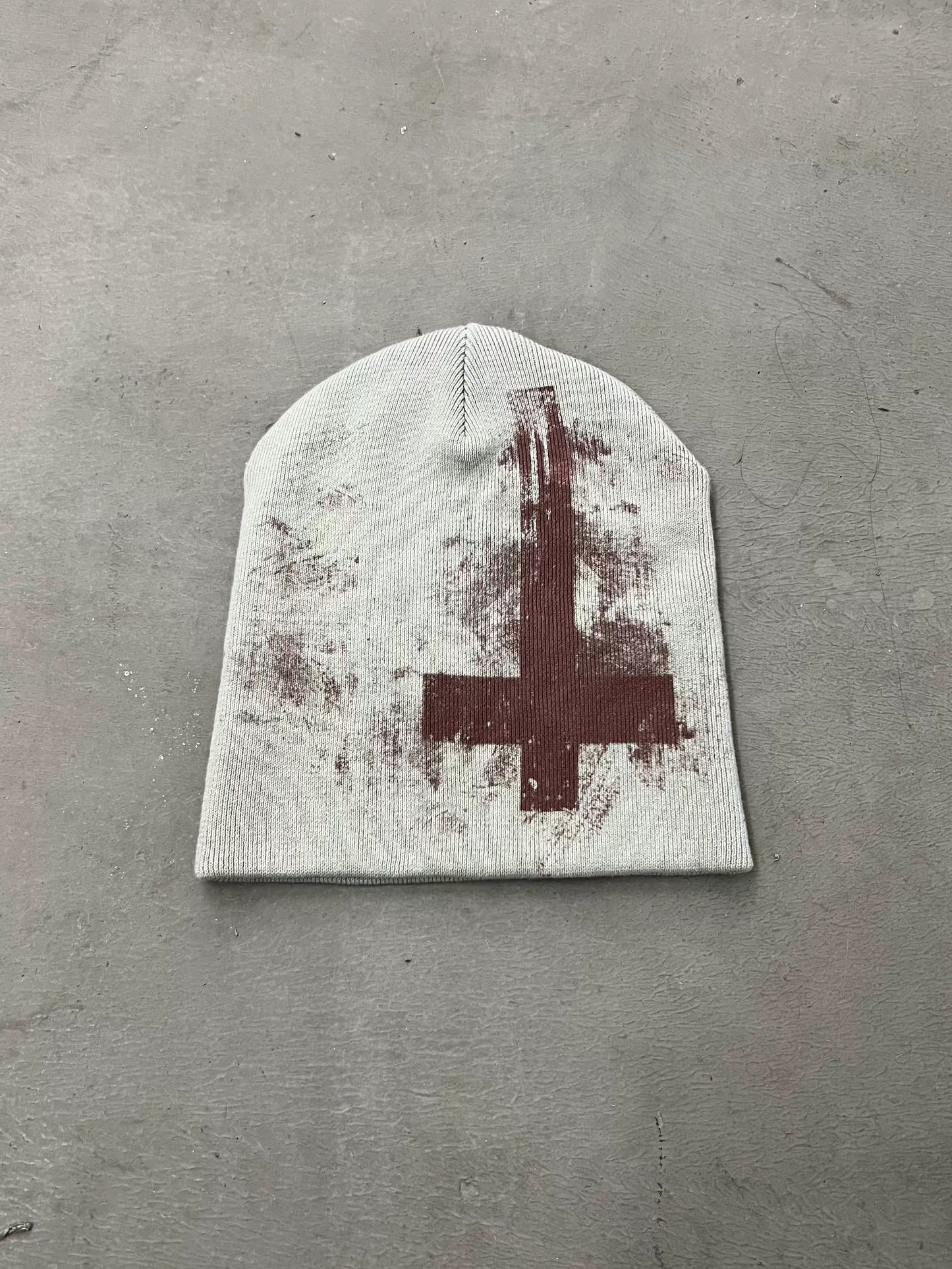Distressed Red Cross Print Knit Beanie
