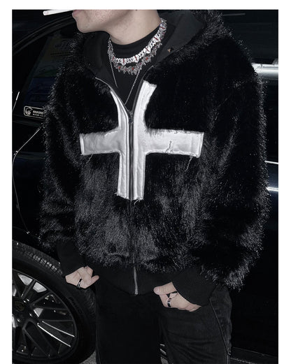 Cross Applique Studded Hood Reversible Faux Fur Jacket