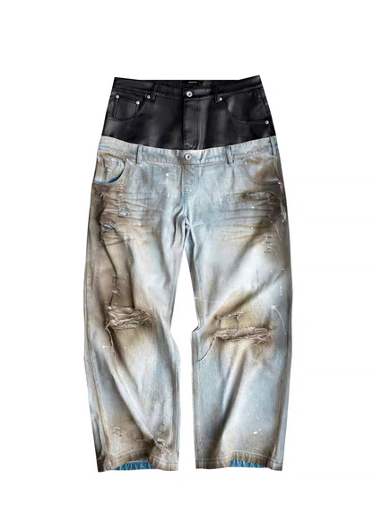 Double-Waist PU Panel Distressed Jeans