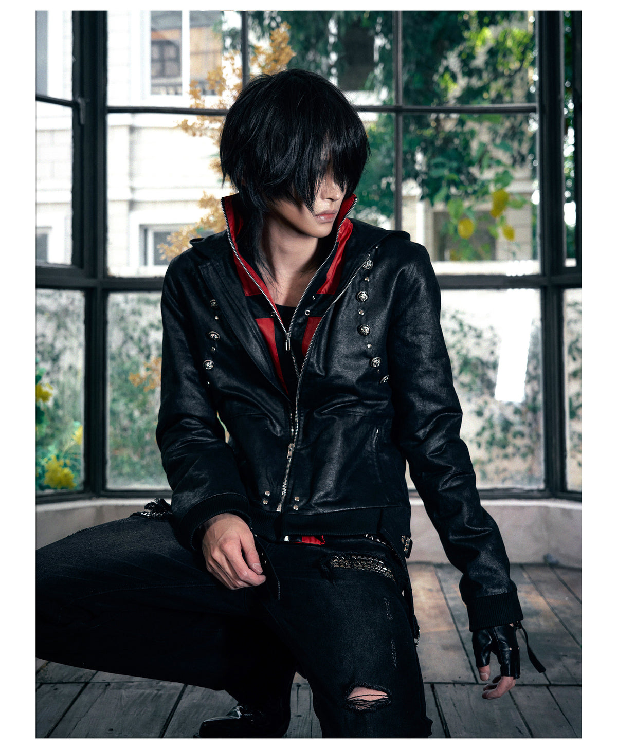 Red Contrast Strap Detail Padded Faux Leather Jacket