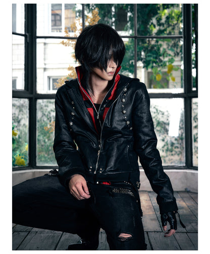 Red Contrast Strap Detail Padded Faux Leather Jacket
