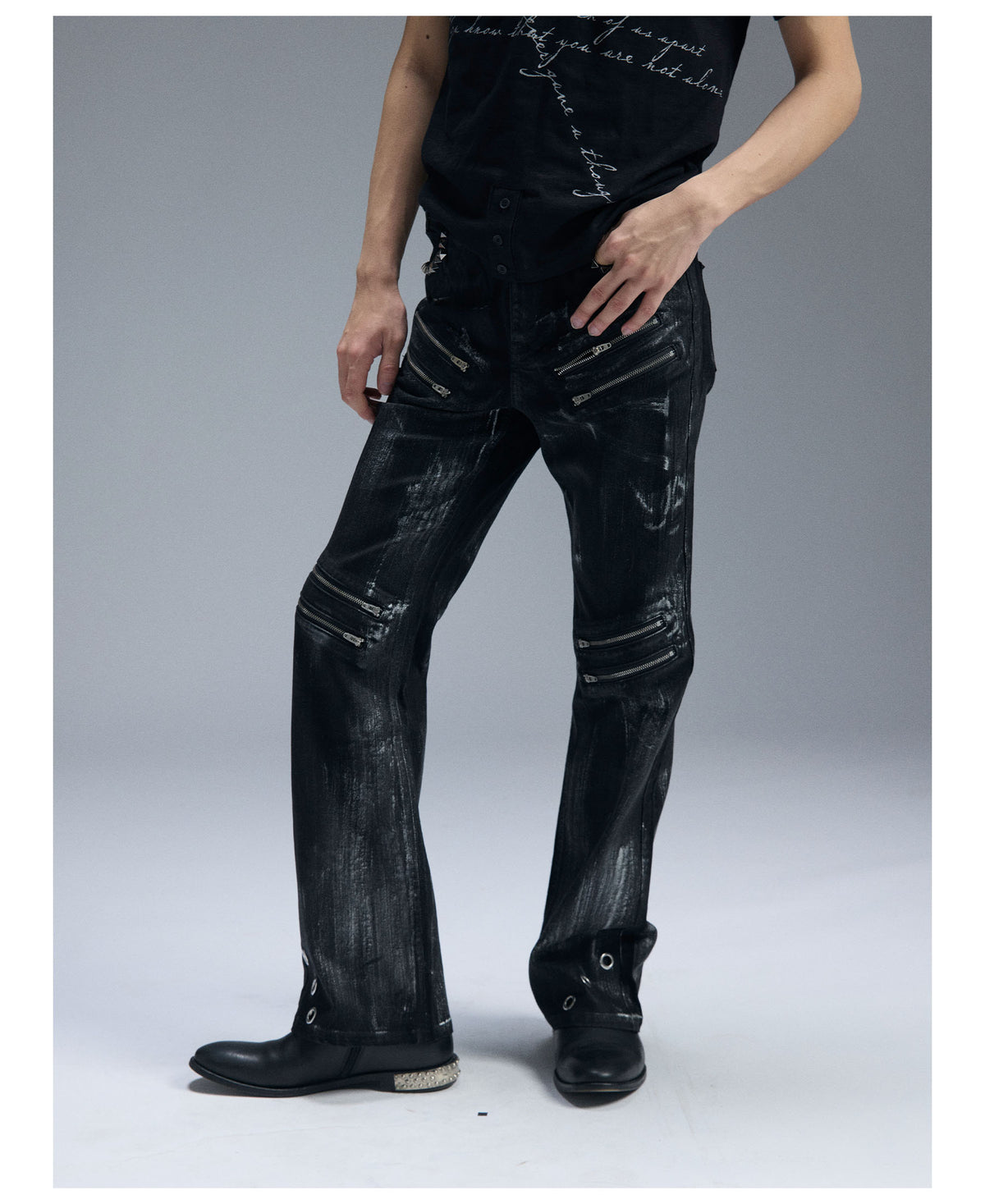 Multi Zip Eyelet Washed Black Flared Jeans
