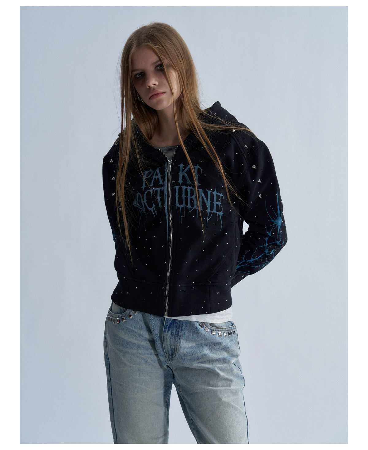Rhinestone Graphic Cropped Zip Hoodie