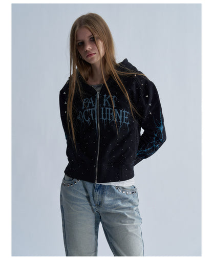 Rhinestone Graphic Cropped Zip Hoodie