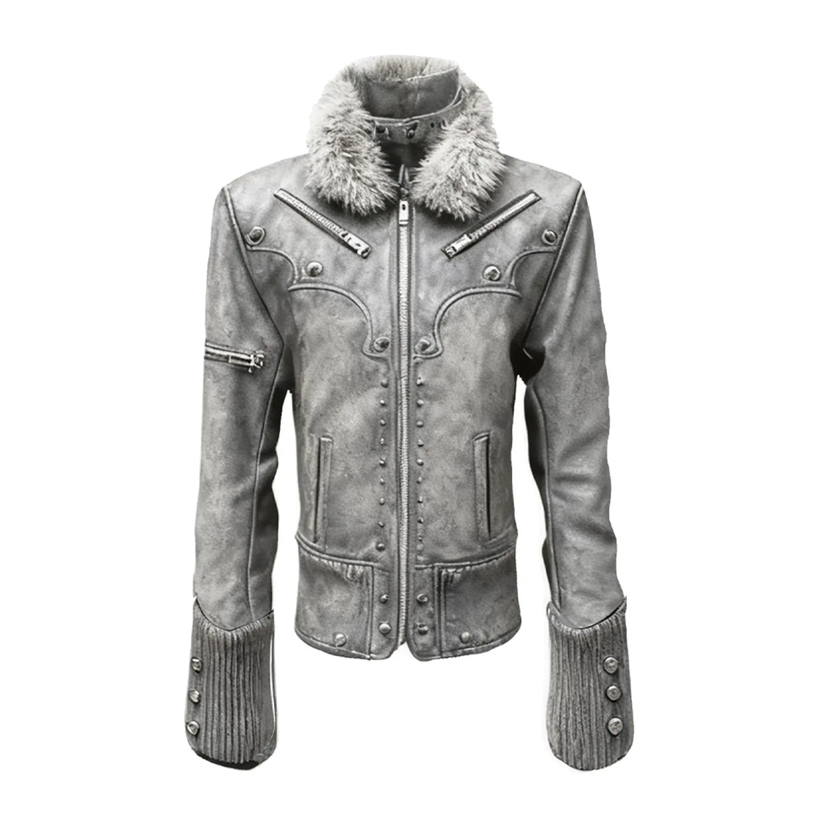 Metallic Faux Leather Detachable Fur Trim Collar Jacket
