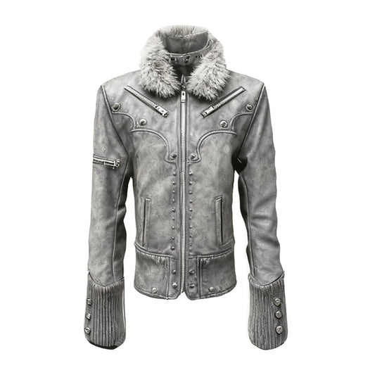 Metallic Faux Leather Detachable Fur Trim Collar Jacket