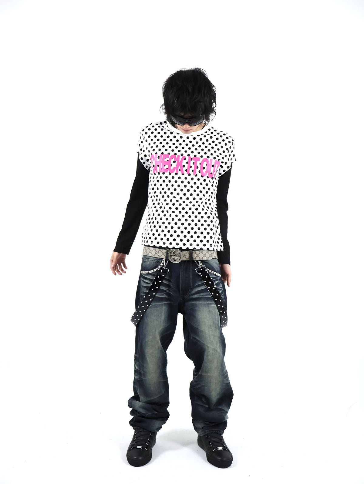 UCAN'TBELIKEME ドット柄 ピンクロゴ 切替長袖Tシャツ SELFISH