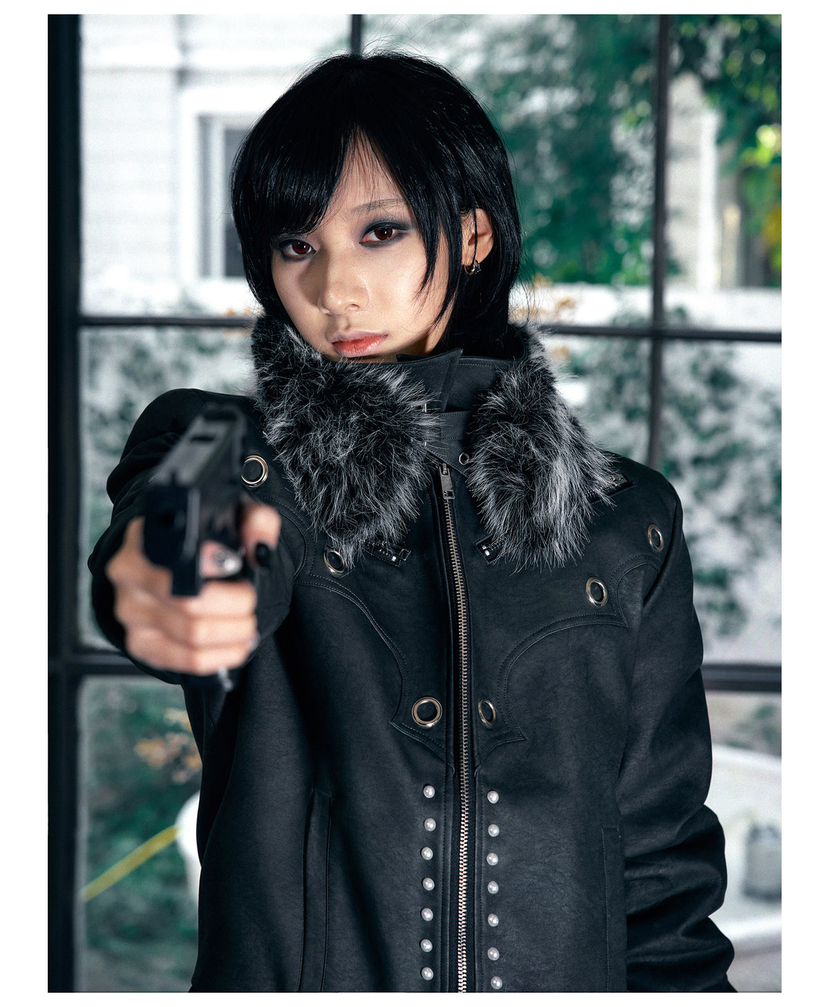 Metallic Faux Leather Detachable Fur Trim Collar Jacket