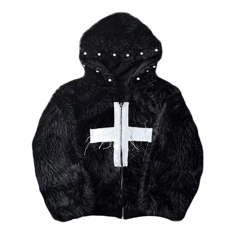 Cross Applique Studded Hood Reversible Faux Fur Jacket