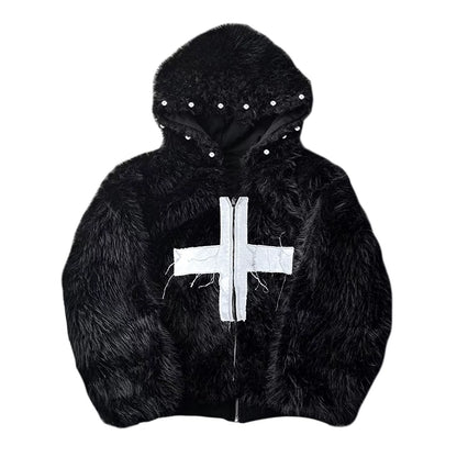 Cross Applique Studded Hood Reversible Faux Fur Jacket