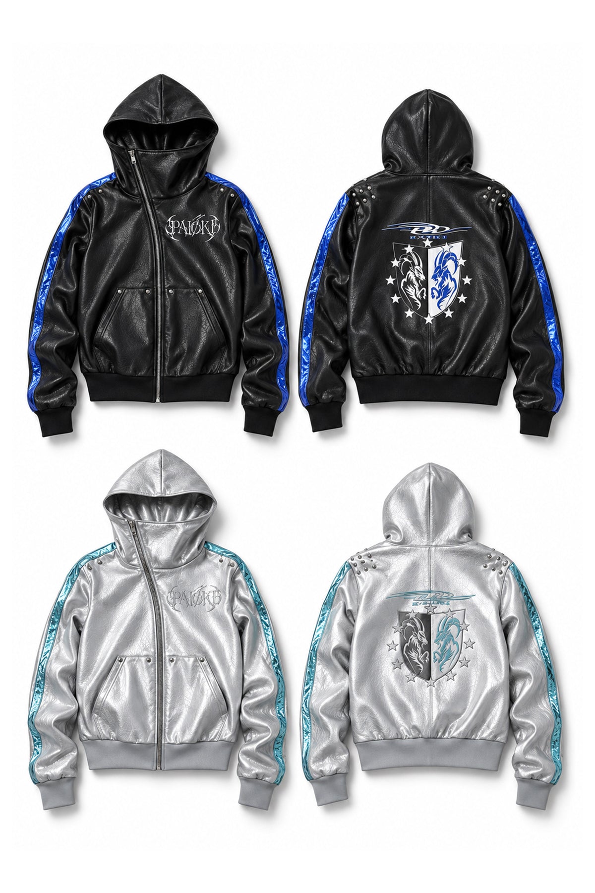 Embroidered Contrast Stripe Hooded Faux Leather Jacket