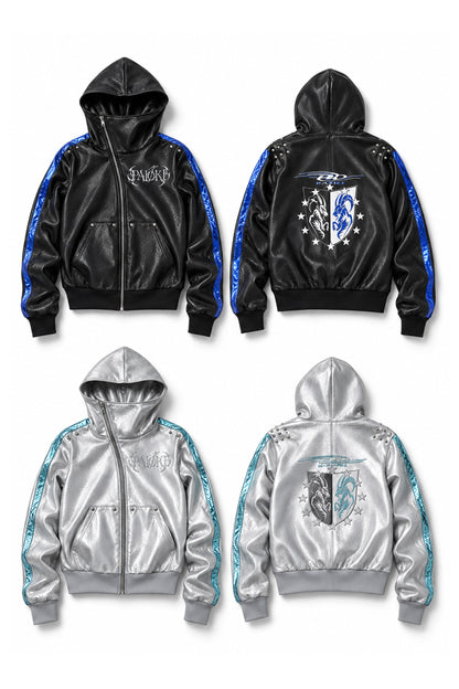Embroidered Contrast Stripe Hooded Faux Leather Jacket