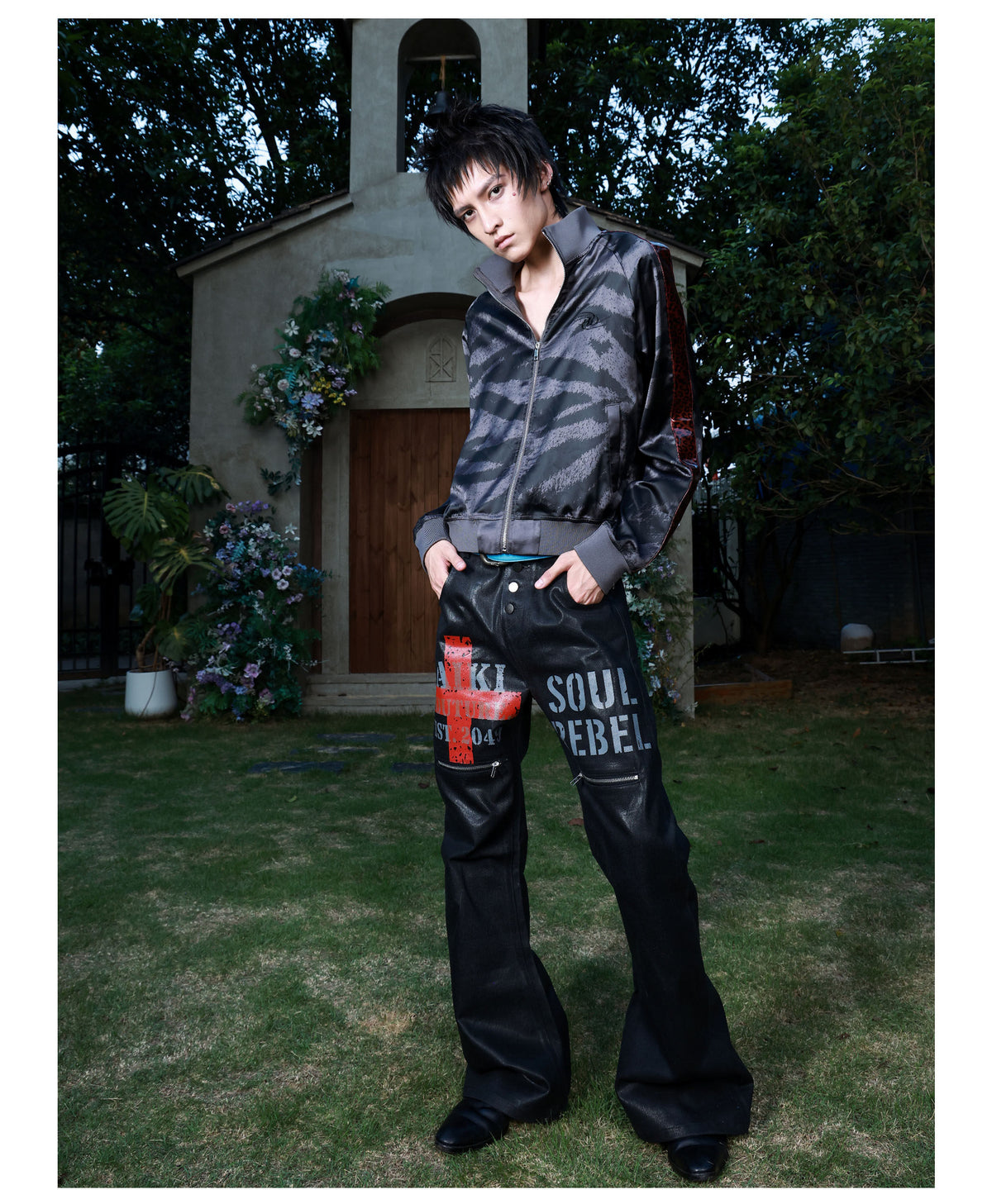 Red Tiger Stripe Panel Stand Collar Track Jacket
