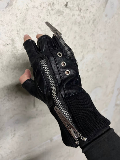 REBEL WAVE ダブルジップ クロススタッズ レザーフィンガーレスグローブ SELFISH