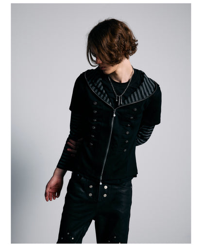Striped Layered Sleeve Double Row Button Zip Hoodie