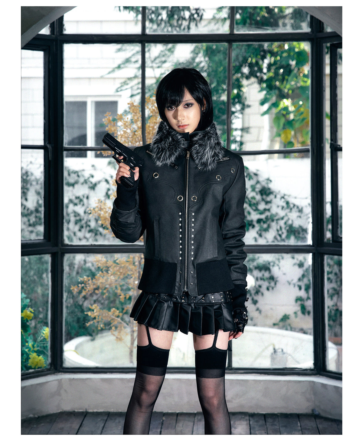 Metallic Faux Leather Detachable Fur Trim Collar Jacket