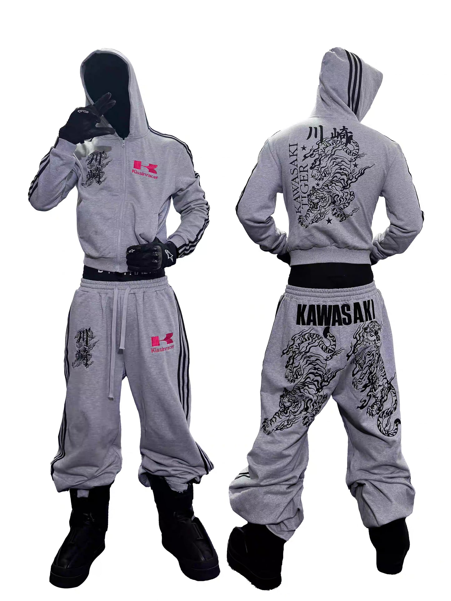 Tiger Graphic Cropped Racing Hoodie/Pants Set up
