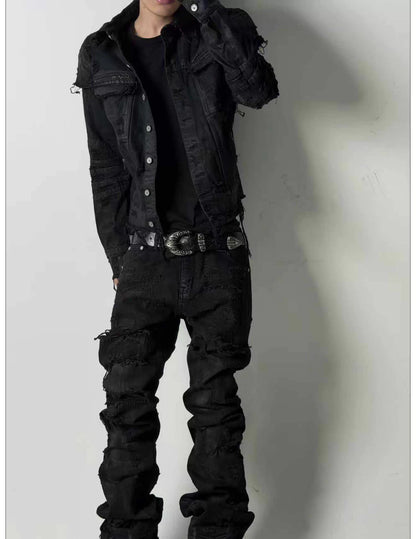 Wrinkled Washed Straight-Leg Jeans