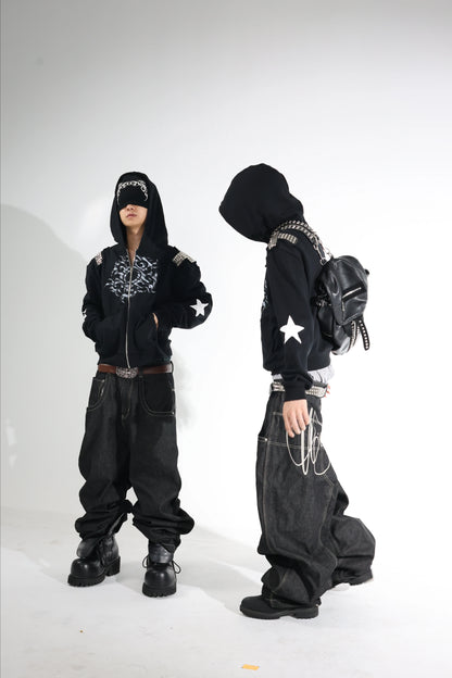 Sun Graphic Star Studded Cropped Zip Hoodie