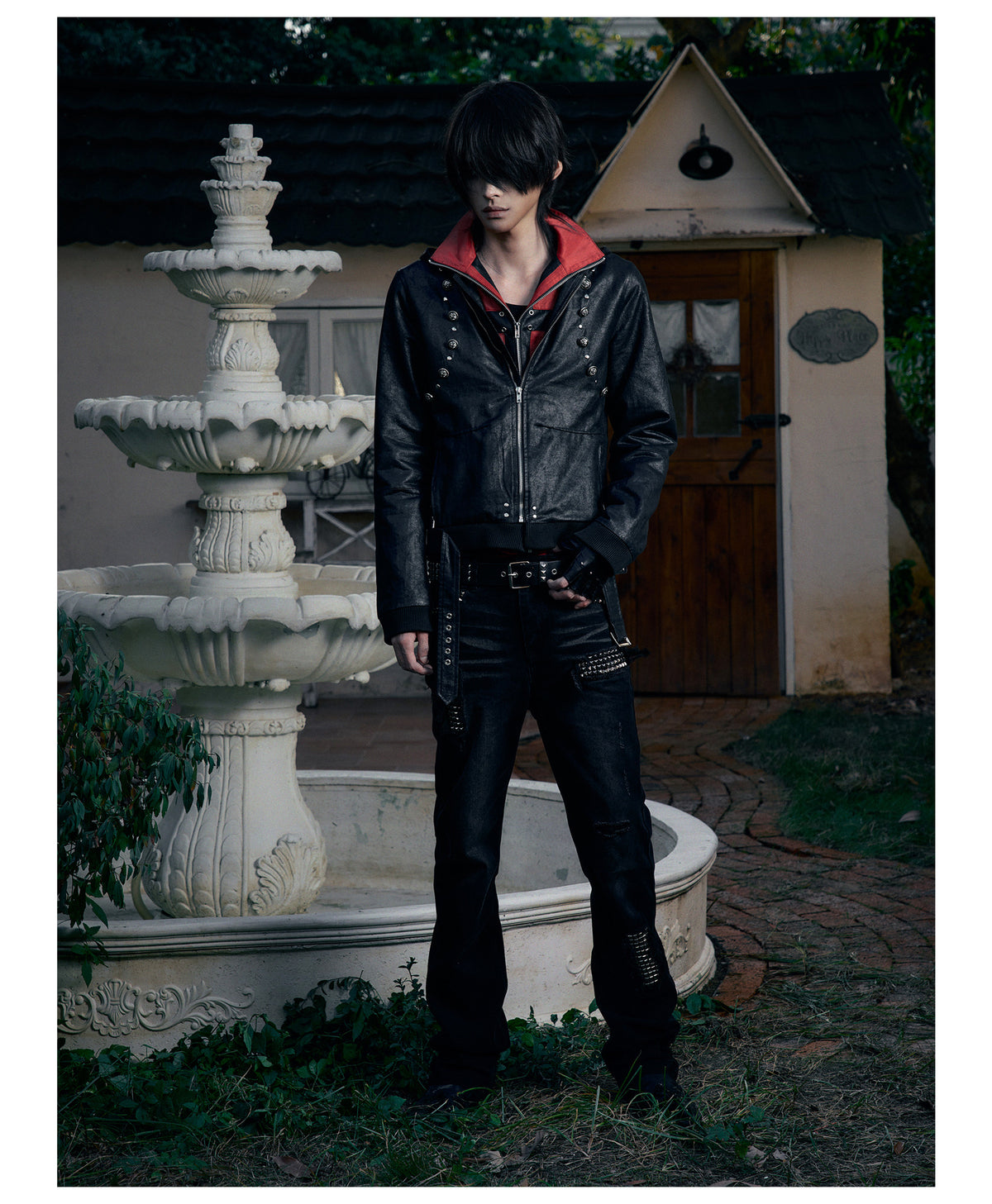 Red Contrast Strap Detail Padded Faux Leather Jacket
