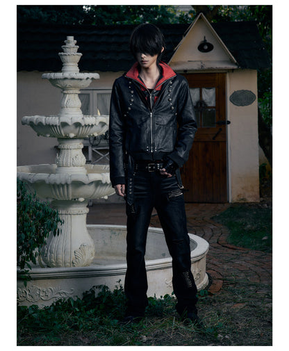 Red Contrast Strap Detail Padded Faux Leather Jacket