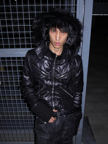 Detachable Fur Collar Cropped Bomber Jacket