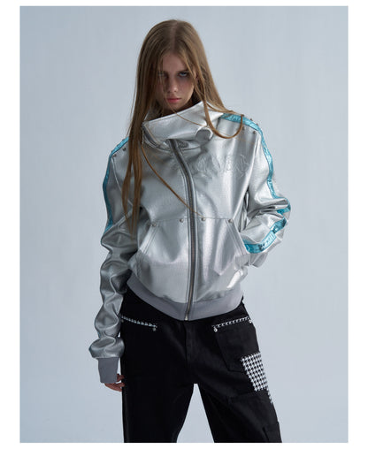 Embroidered Contrast Stripe Hooded Faux Leather Jacket