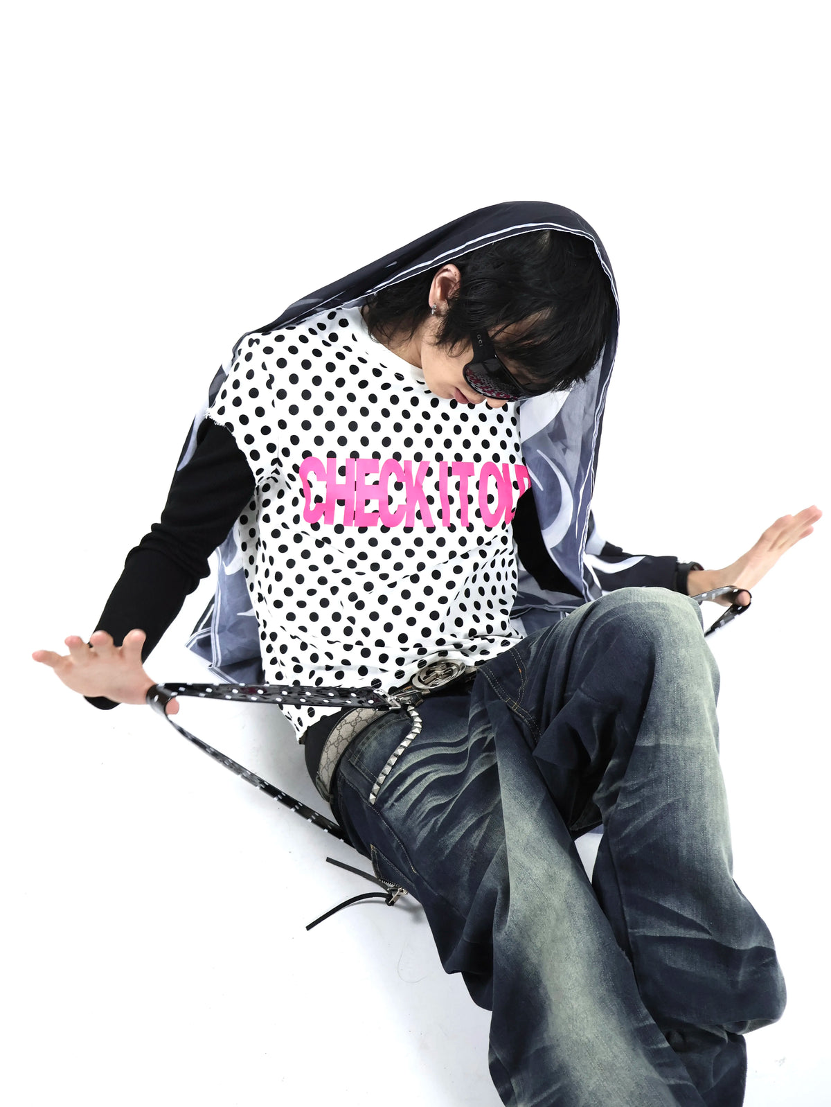 UCAN'TBELIKEME ドット柄 ピンクロゴ 切替長袖Tシャツ SELFISH