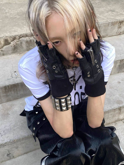 REBEL WAVE ダブルジップ クロススタッズ レザーフィンガーレスグローブ SELFISH