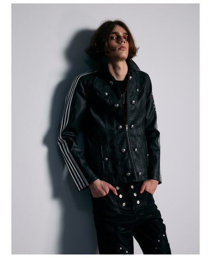 Embroidered Sleeve Stripe Snap Front Faux Leather Jacket