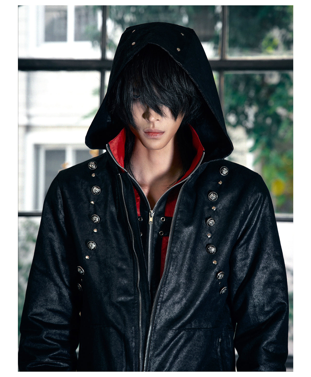 Red Contrast Strap Detail Padded Faux Leather Jacket