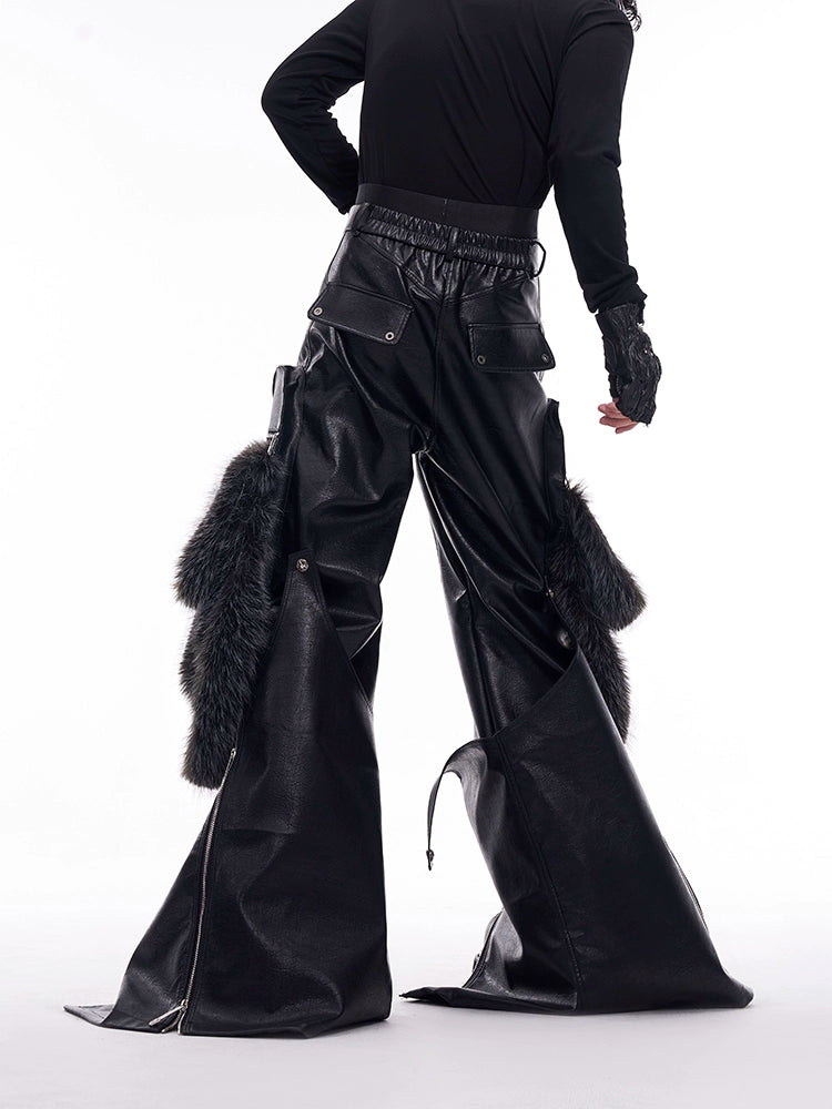 STARTEXCEEDEND Splicing Leather Fur Cargo Pants