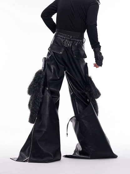 STARTEXCEEDEND Splicing Leather Fur Cargo Pants