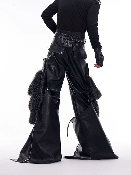 STARTEXCEEDEND Splicing Leather Fur Cargo Pants
