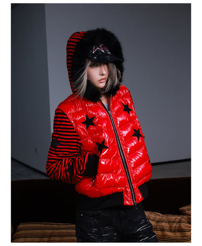 Star Embroidered Striped Fur Trim Hood Padded Jacket